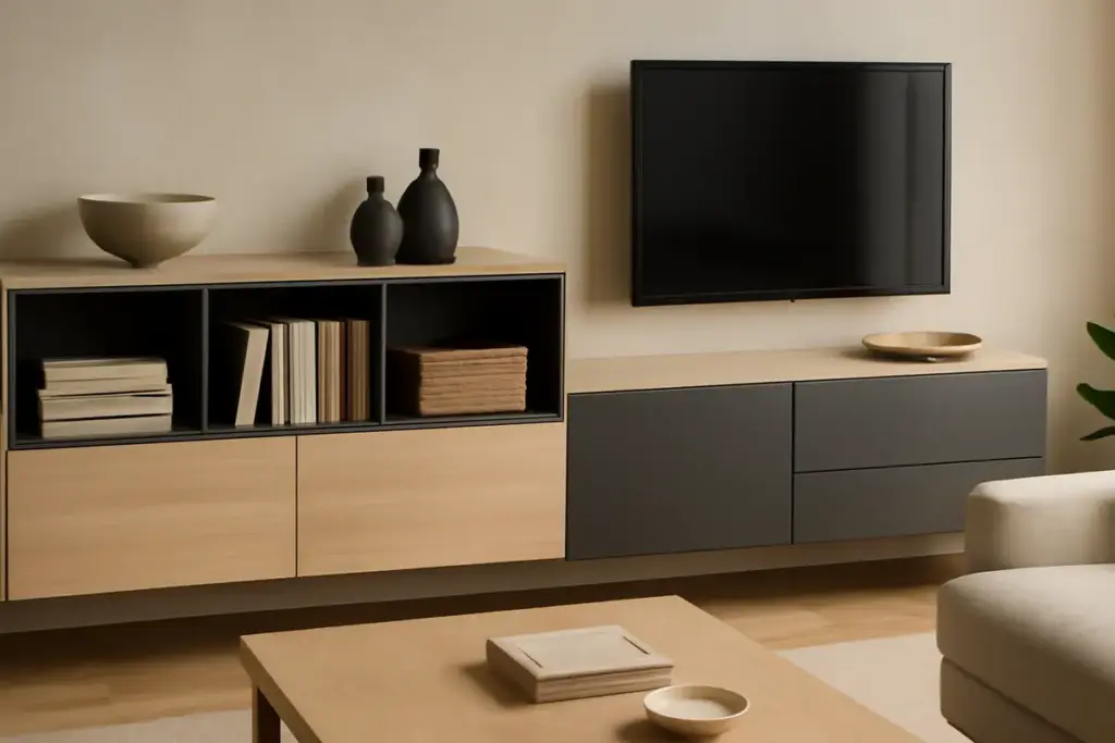 Pareti attrezzate per soggiorno moderno: configurazioni versatili che semplificano l’ordine